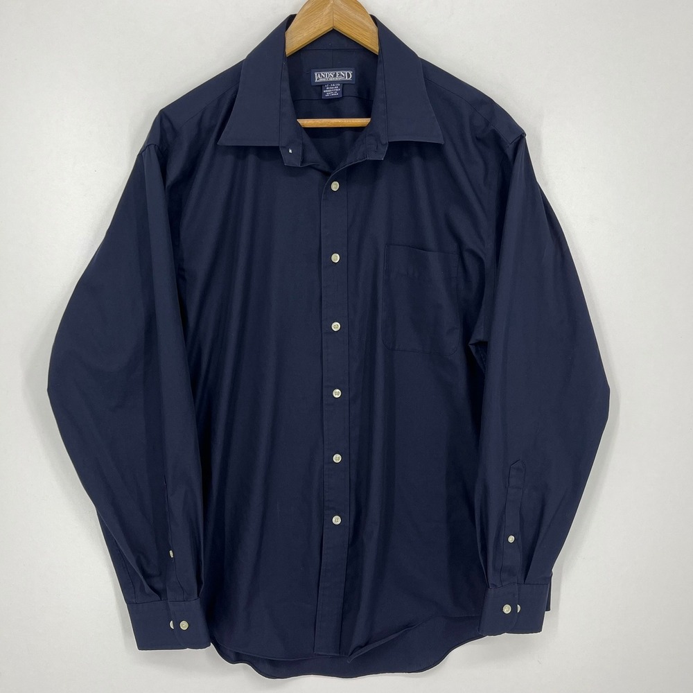 Lands End Mens Wrinkle Free Regular Fit Long Sleeve Button Down Shirt Navy Blue